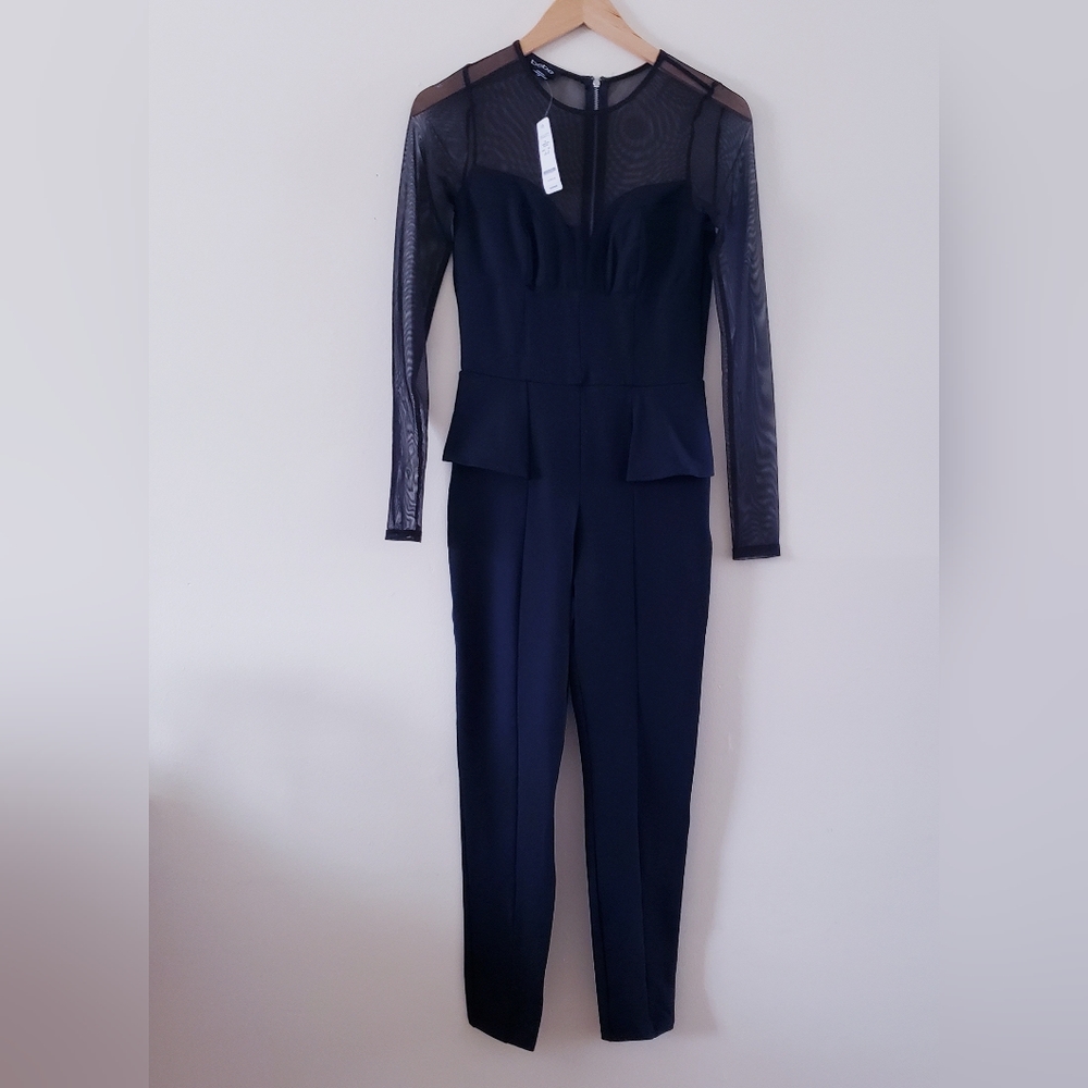 🏷BEBE LS Mesh Yoke Peplum Jumpsuit - NWT S